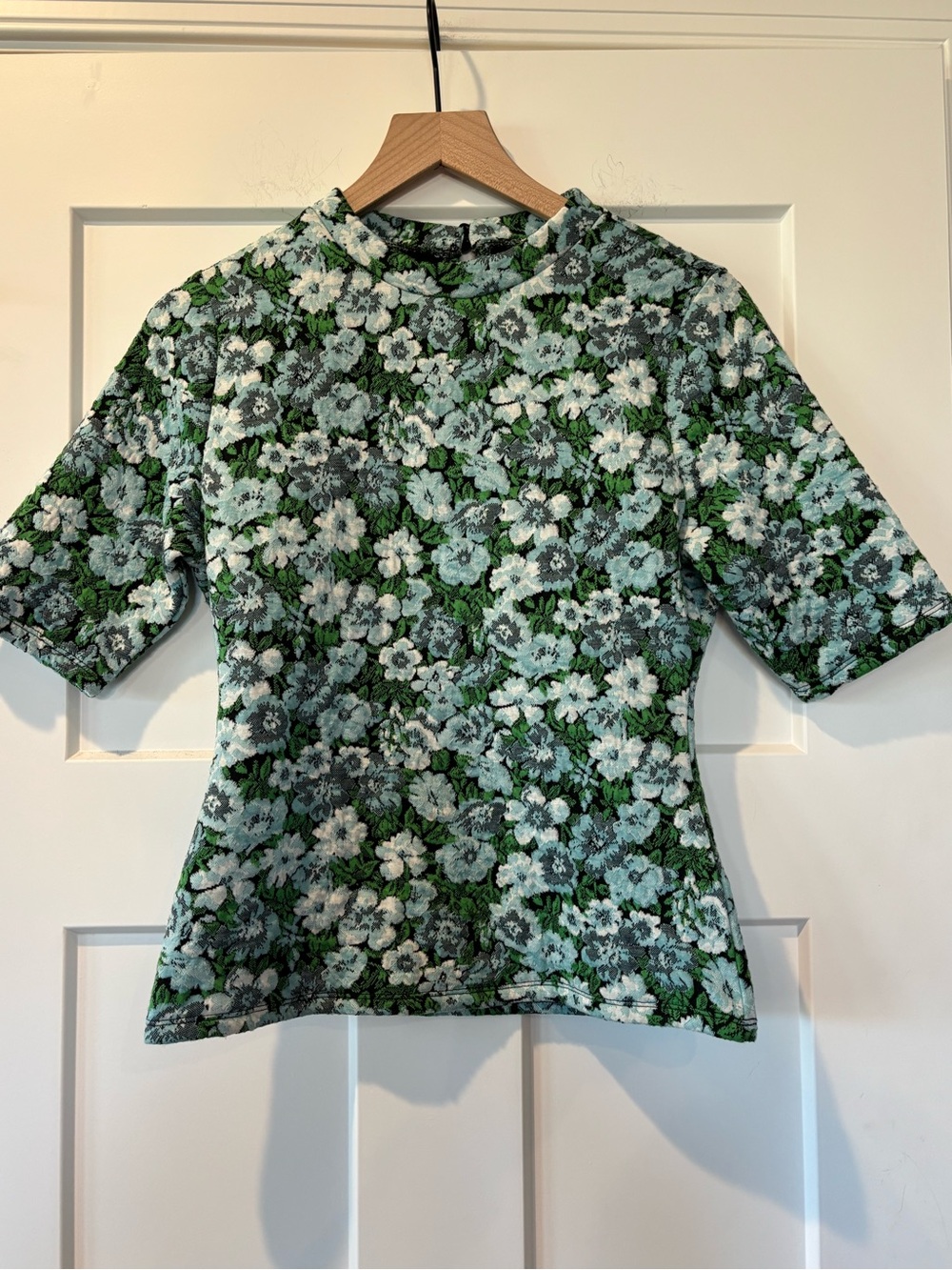 Maeve Anthropologie Green Blue Floral Textured Retro Vibes Short Sleeve Top S